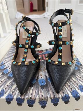 Valentino Garavani Black Leather Rockstud T-Strap Pumps with Turquoise Studs